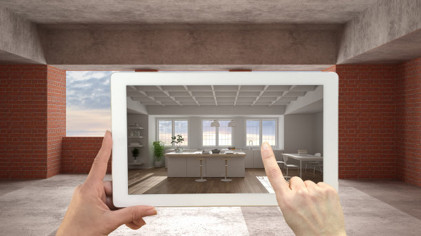 增强现实的概念。应用AR技术模拟室内建筑现场的家具和产品设计，现代厨房的岛和凳子图片下载