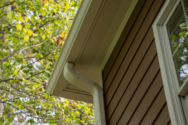 排水沟系统在木镶板的外部，以树木为背景图片下载