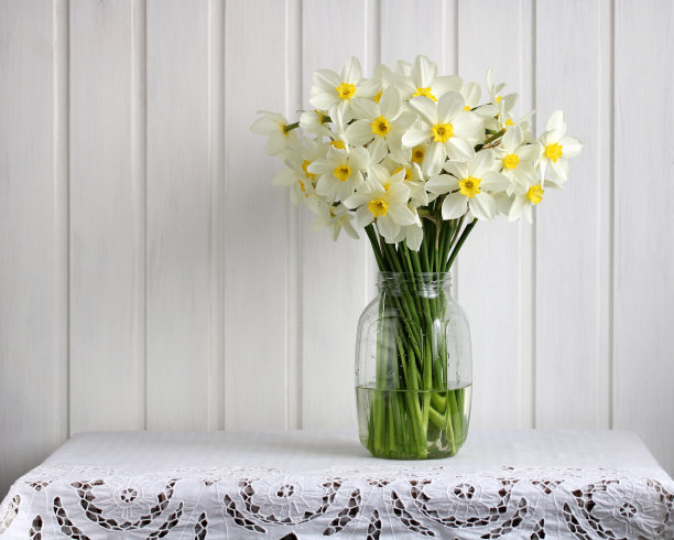 玻璃罐里的一束白色水仙花，小屋的核心。图片下载