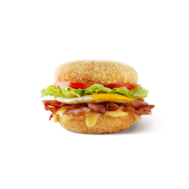 汉堡配酱汁，培根，鸡蛋，生菜，番茄和酱汁在白色的背景上图片下载