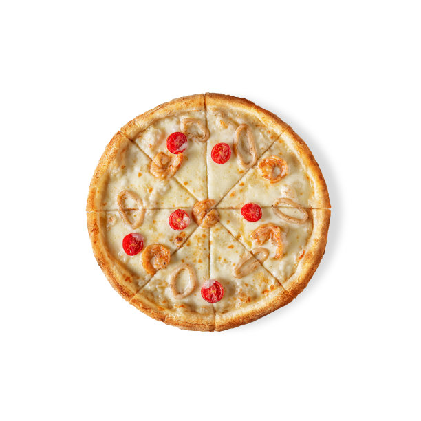 披萨配虾，番茄，鱿鱼圈配白色底色图片下载