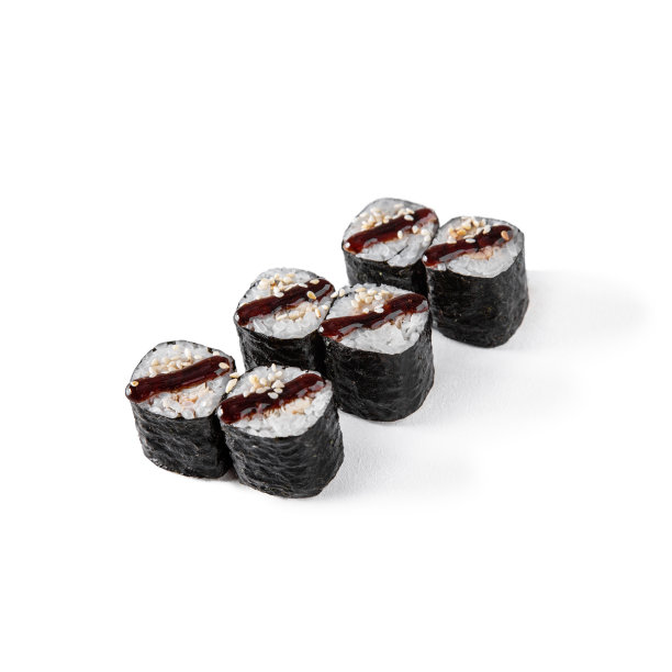 白底上有鳗鱼、芝麻和酱汁的面包卷图片下载