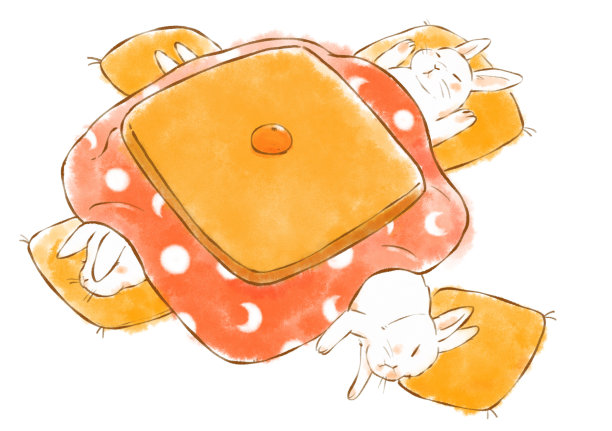 几只兔子在一个小吃摊下快乐地睡觉的插图。(小灶是一种传统的日本取暖用具。)图片下载