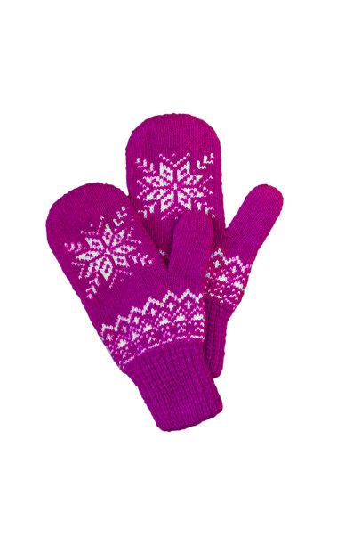 一对粉红色紫丁香紫色针织连指手套与圣诞图案隔离图片下载
