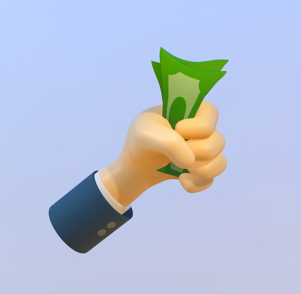 卡通手握钞票。, 3 d演示。， 3D卡通商人的手拿着纸币支付。图片下载