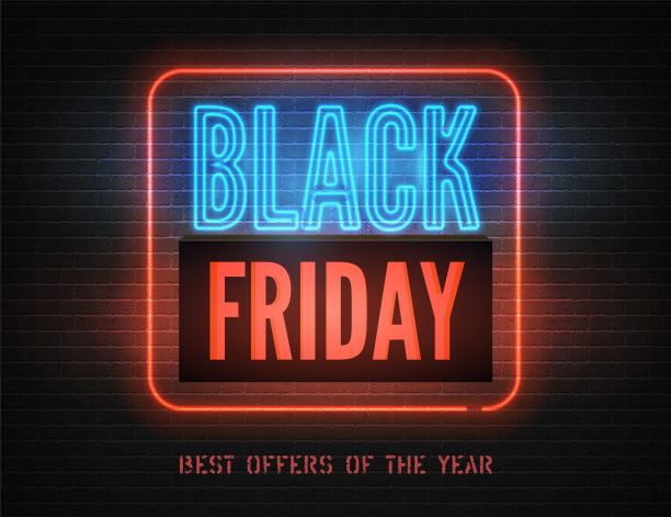 黑色星期五销售矢量横幅复古模板与红色蓝色霓虹灯盒图片下载