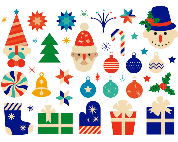 圣诞节日装饰及元素:圣诞老人、雪人、圣诞装饰。矢量平面插图图片下载