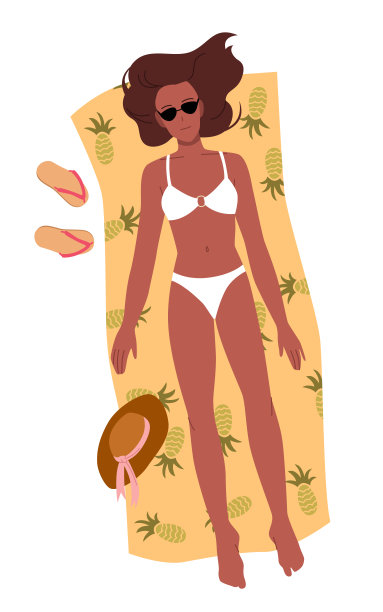 女孩在比基尼日光浴，俯视图，年轻的古铜色女子在泳装躺在沙滩毛巾图片下载