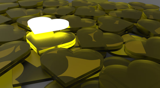 发光的金色心形的3D渲染扔掉了许多死亡的心形图片下载