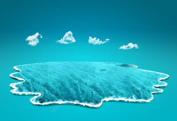 3d插图的一块水族馆或海洋景观。孤岛天堂，旅游旅游广告。旅游度假背景。美丽的冲浪波与水下场景隔离。图片下载