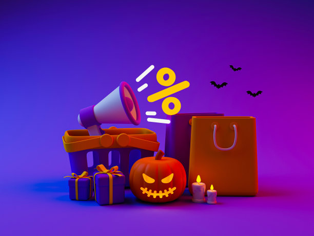 3d最小万圣节折扣促销。特别折扣报价。万圣节促销。购物车里有礼品盒、购物袋和万圣节南瓜。3 d演示。图片下载