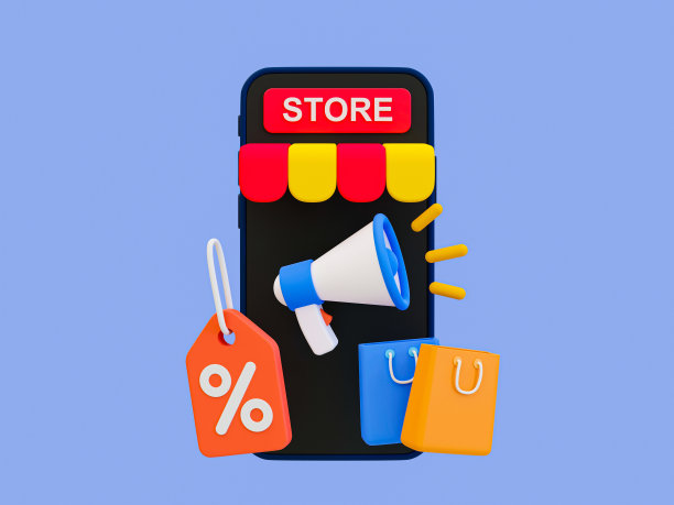 3d最小营销策略。折扣促销。特别折扣报价。客户的吸引力。带有扩音器、百分比标签和购物袋的店面智能手机。3 d演示。图片下载