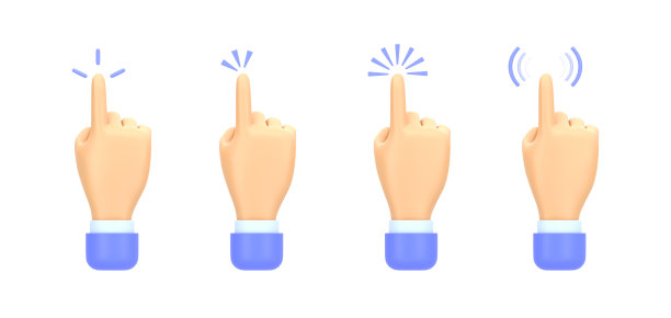 手触指纹扫描仪3d渲染。卡通手臂图标与不同的点击效果，点击屏幕，手指按下按钮，用户界面元素隔离在白色背景图片下载