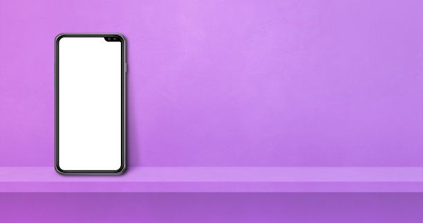 手机在紫色的墙架上。背景横幅图片下载