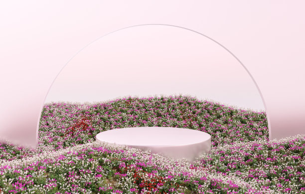 3d渲染平台和自然平台背景在彩色的花田与入口玻璃拱门门和粉红色的天空的产品展台展示化妆品美容产品或护肤品图片下载