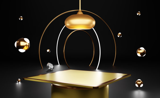 金色讲台空的几何形状在黑色组成的现代舞台展示和极简主义的模型，抽象的橱窗背景，概念3d插图或3d渲染图片下载