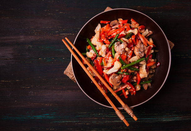 炒锅，亚洲菜，街头小吃，什锦菜，没人，俯视图，图片下载