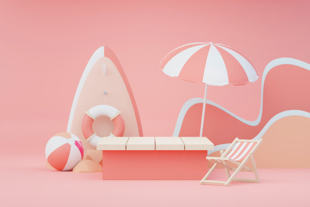 3d渲染夏季销售台架展示产品。夏季海滩度假场景模拟。图片下载