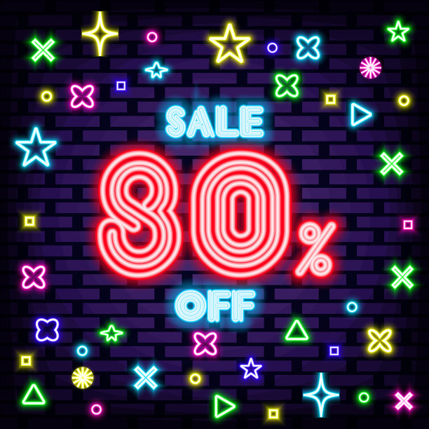 出售八折徽章霓虹风格。闪烁着五颜六色的霓虹灯。光的旗帜。图片下载