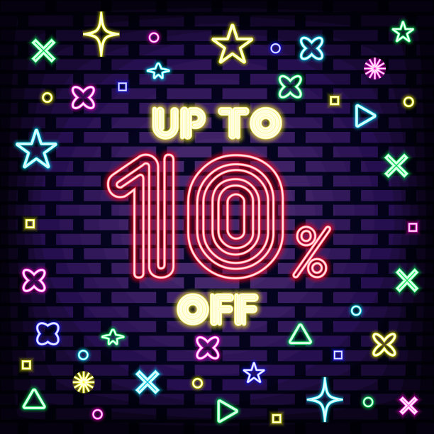 九折以上，出售霓虹灯招牌。明亮的招牌。夜晚明亮的广告。图片下载