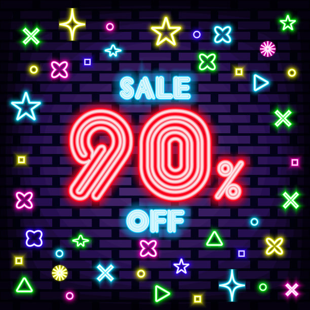 九折出售霓虹灯招牌。霓虹灯脚本。光的艺术。图片下载