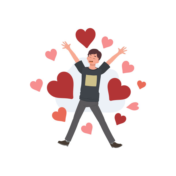 一个坠入爱河的年轻人被心形环绕。平面矢量卡通人物插画。图片下载