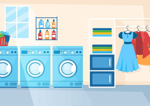 干洗店服务与洗衣机，烘干机和洗衣房干净的衣服在平面卡通手绘模板插图图片下载