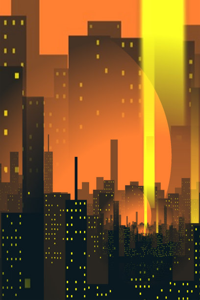 明亮的城市景观剪影在全黄色的黄金背景图片下载