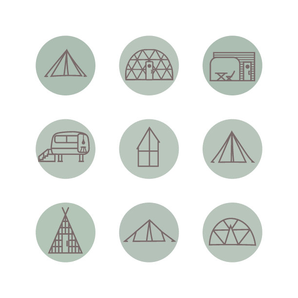 为网络、社交媒体收集类型豪华露营屋。线图标的帐篷，泡沫，拖车，木材高山小屋。图片下载