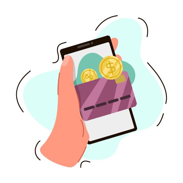 手持手机。向量插图的女性或男性互联网用户。卡通在线支付应用程序被隔离在白色图片下载