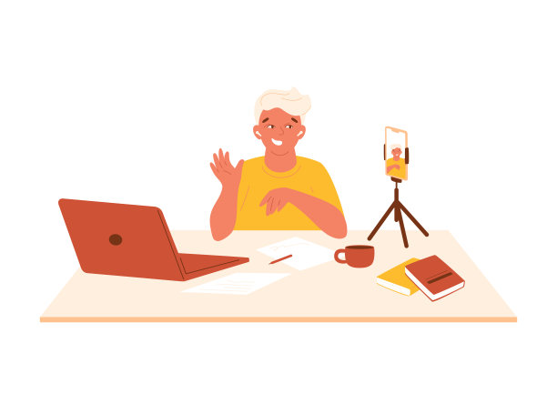 年轻男性拿着手机坐着进行网络直播或录制视频。图片下载