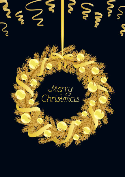 圣诞贺卡上有金色的冷杉花环，丝带和泡泡。矢量图图片下载