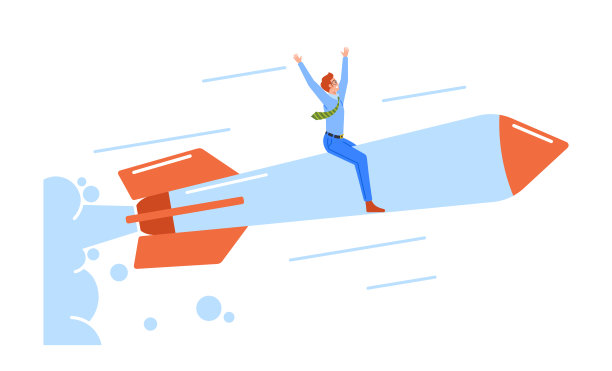 快乐的企业家搭乘火箭升空。男主角推出创业理念。商人的成功之路图片下载