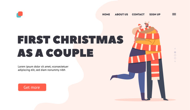 夫妇第一个圣诞节登陆页面模板。有爱的男女穿着圣诞服装，戴着用长围巾裹着的帽子图片下载