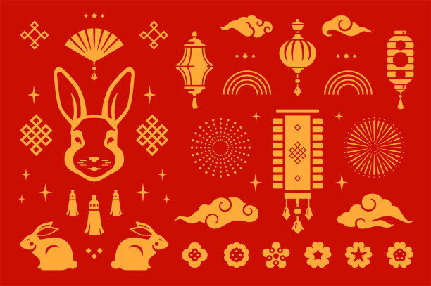 2023年中国新年的兔子装饰元素单色复古图标集矢量平图片下载