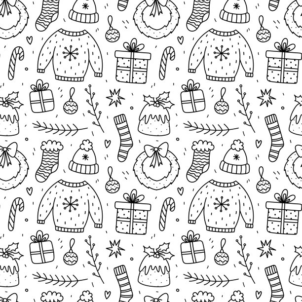 可爱的圣诞无缝模式与礼物，小玩意，花环，圣诞布丁，杉木树枝，袜子，丑毛衣，星星。矢量手绘涂鸦插图。非常适合用于包装纸，包装，装饰图片下载