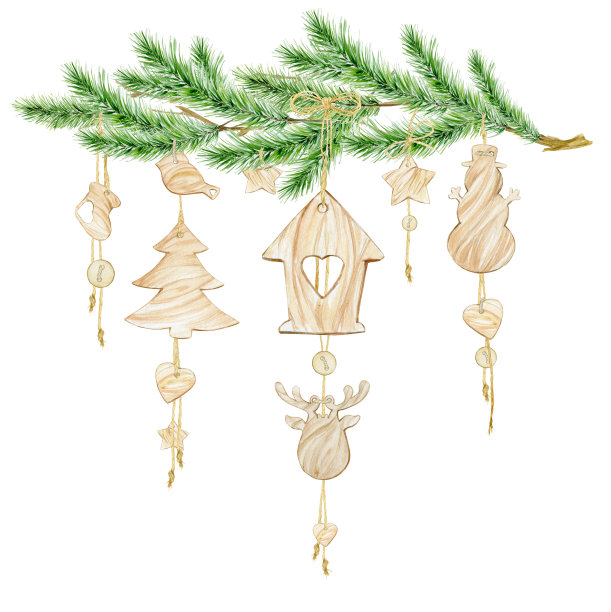 挂在云杉树枝上的木制玩具。水彩剪贴画，卡通风格，为圣诞节的节日。图片下载