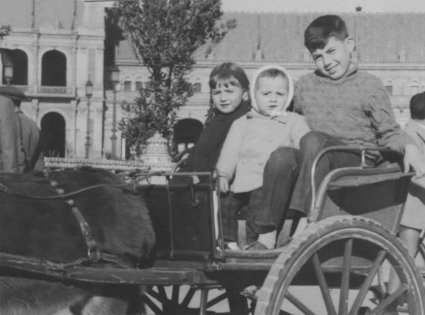 黑白照片拍摄于1960年，三个孩子在西班牙塞维利亚驴拉的马车上摆姿势图片下载