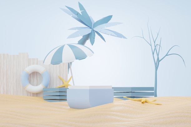 3d渲染夏季销售台架展示产品。夏季海滩度假场景模拟。图片下载