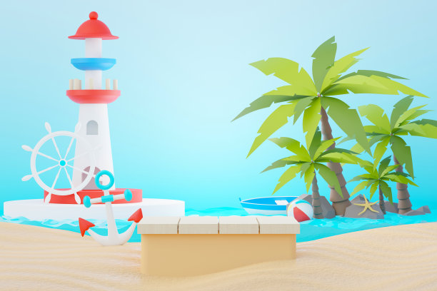 3d渲染夏季销售台架展示产品。夏季海滩度假场景模拟。图片下载