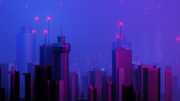 3d渲染的网络夜超大城市景观场景。光的发光和反射在黑暗的科技场景。晚上的生活。5g技术网络。超越科幻首都的未来主义和建筑场景。图片下载