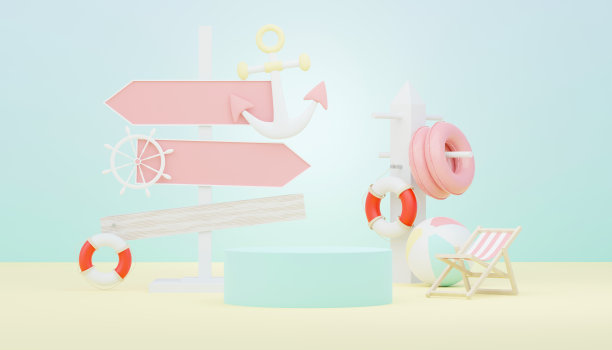 3d渲染夏季销售台架展示产品。夏季海滩度假场景模拟。图片下载