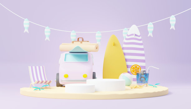 3d渲染夏季销售台架展示产品。夏季海滩度假场景模拟。图片下载