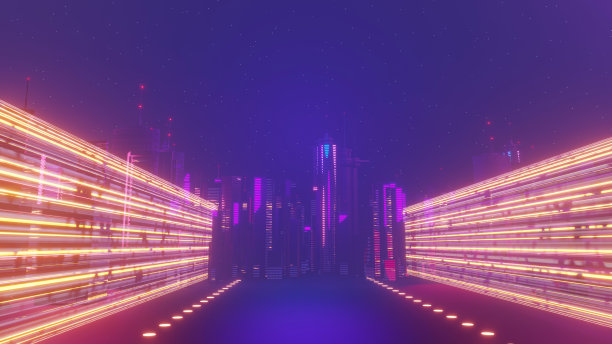 3d渲染的网络夜超大城市景观场景。光的发光和反射在黑暗的科技场景。晚上的生活。5g技术网络。超越科幻首都的未来主义和建筑场景。图片下载