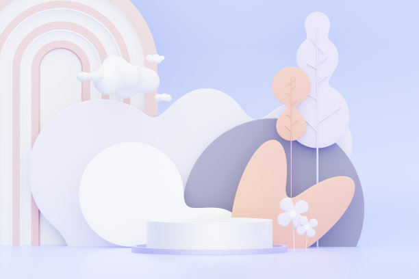 3d渲染柔和的绿色最小背景与讲台的立场。紫色舞台是化妆品展示和广告的平台。工作室场景与展示台座在干净的设计。图片下载