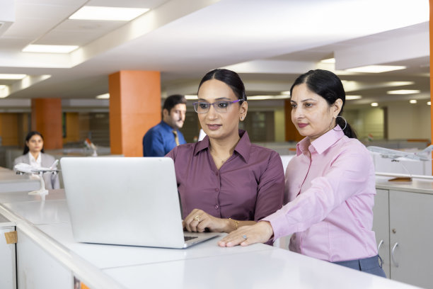 两个女商人在办公室用笔记本电脑讨论。图片下载