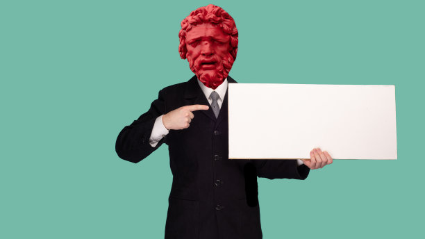 摘要现代拼贴。大卫石膏头的人指着手指空白的招牌图片下载