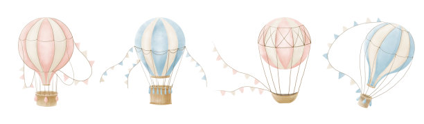 水彩热气球套装。有篮子和三角旗的飞机。手绘插图的儿童设计卡通风格。在孤立的背景上老式可爱的交通工具。素描婴儿图片下载