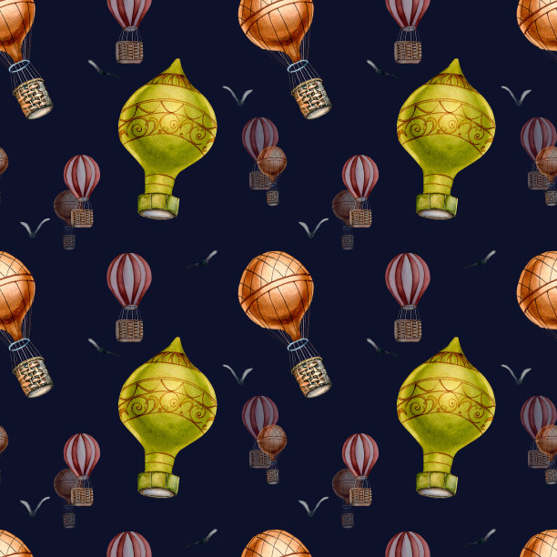 复古热气球复古风格水彩无缝图案孤立。图片下载