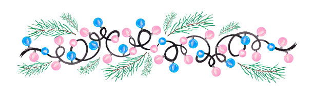 粉色和蓝色灯泡花环节日水彩边框。图片下载